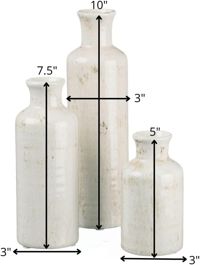 Distressed White Ceramic Vase Set – Set of 3