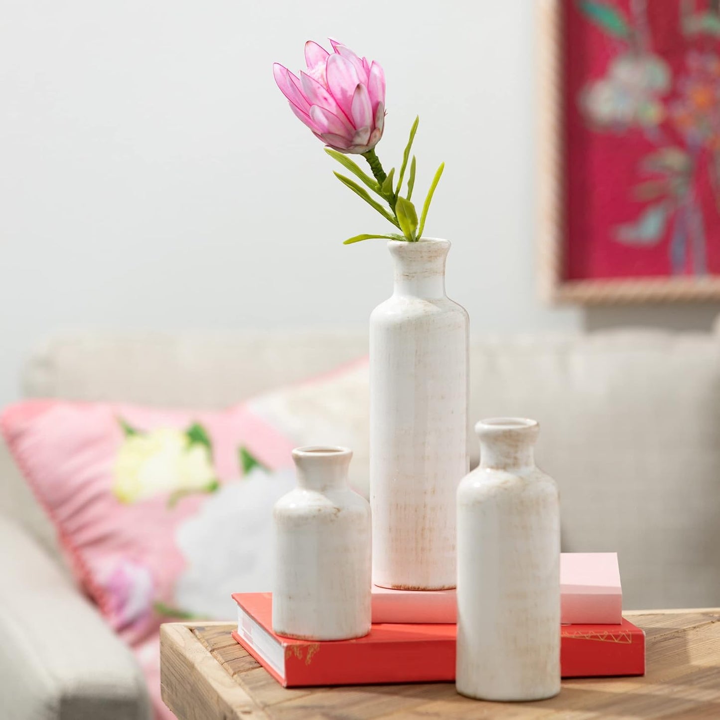 Distressed White Ceramic Vase Set – Set of 3
