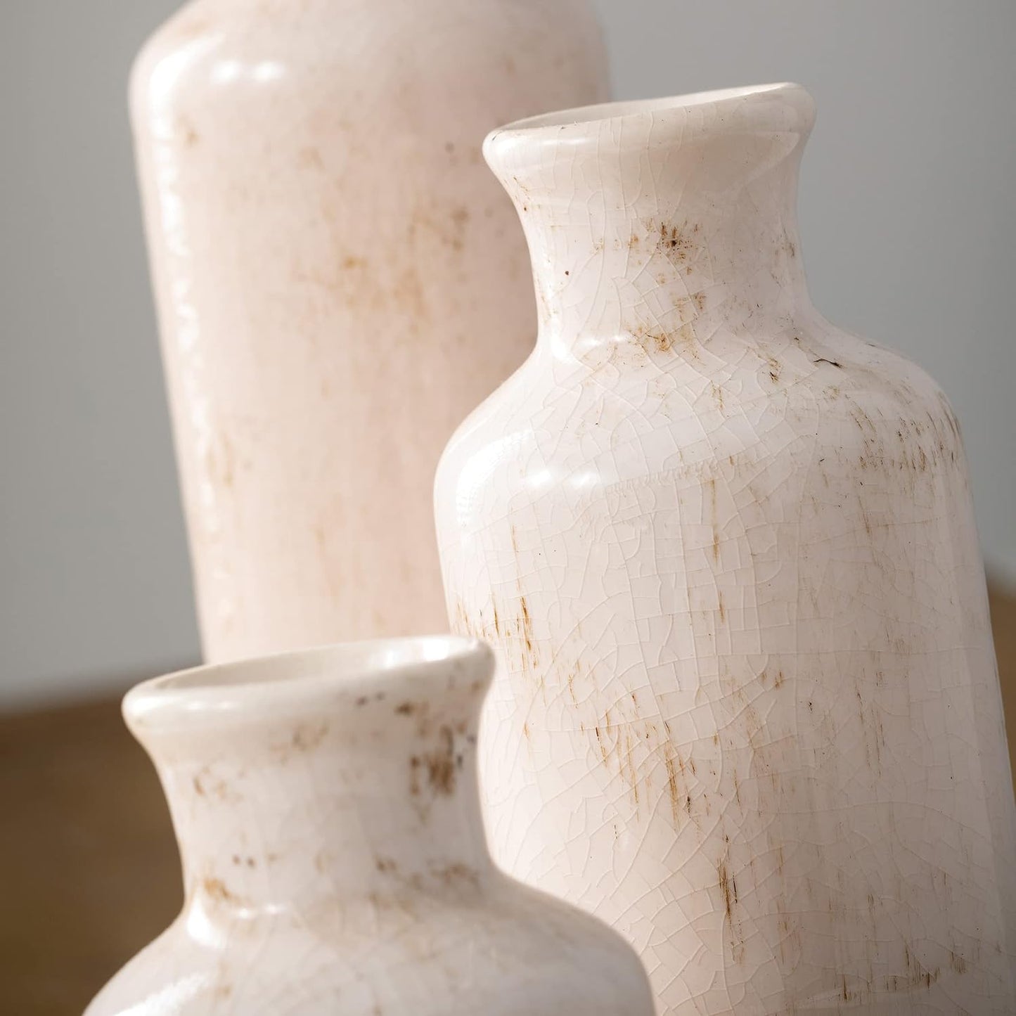 Distressed White Ceramic Vase Set – Set of 3