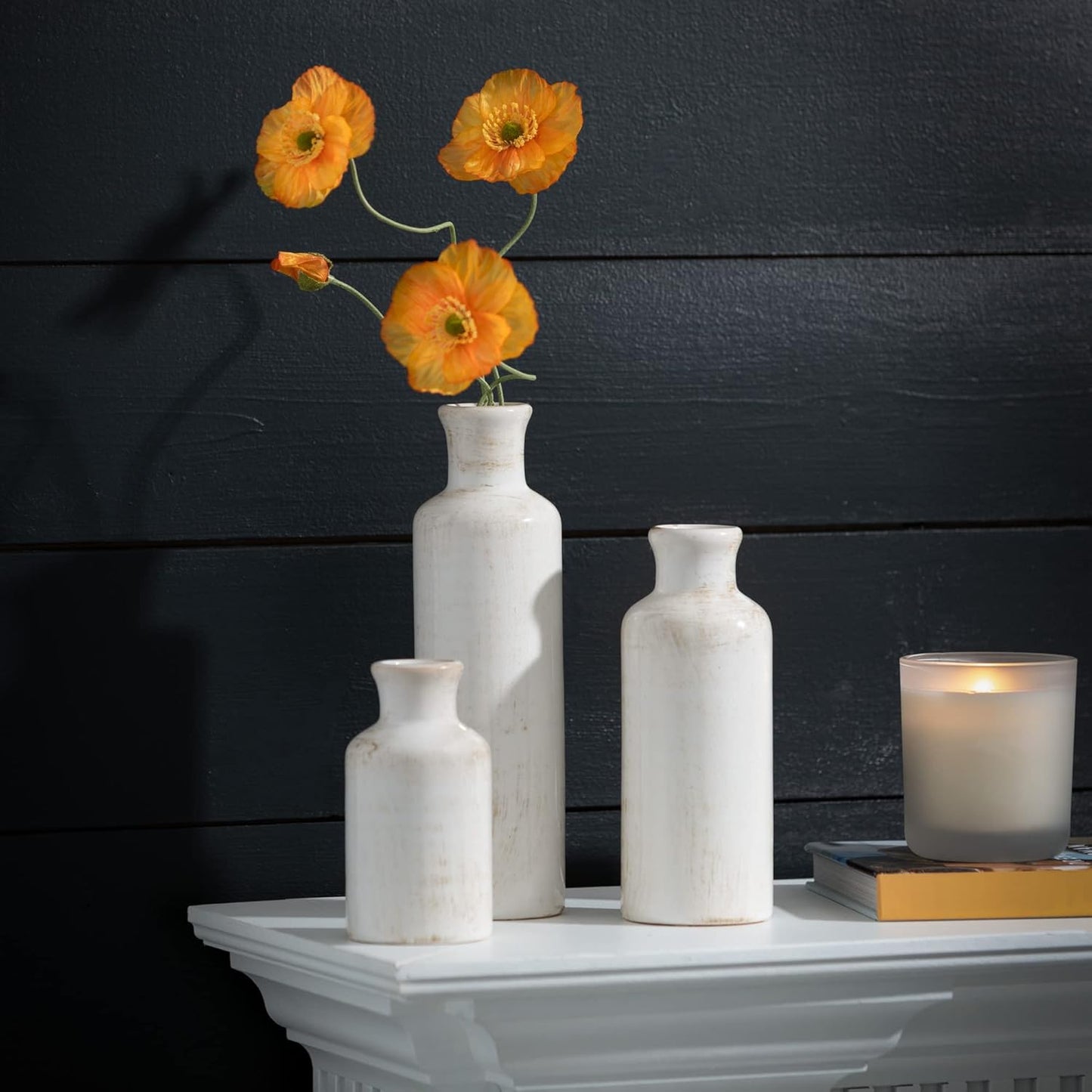 Distressed White Ceramic Vase Set – Set of 3