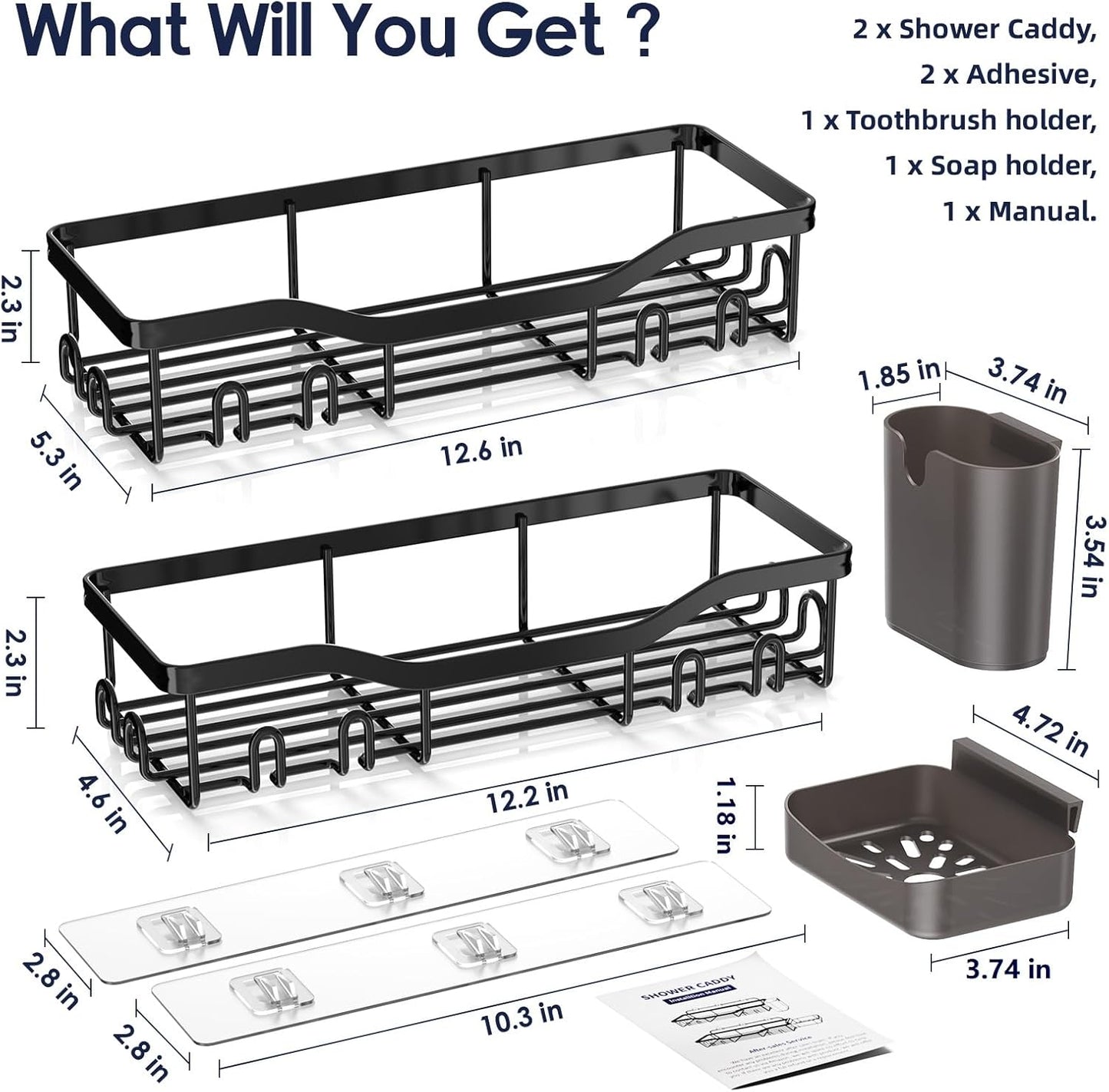 Adhesive Shower Caddy - 2-Pack Rustproof Black Organizer