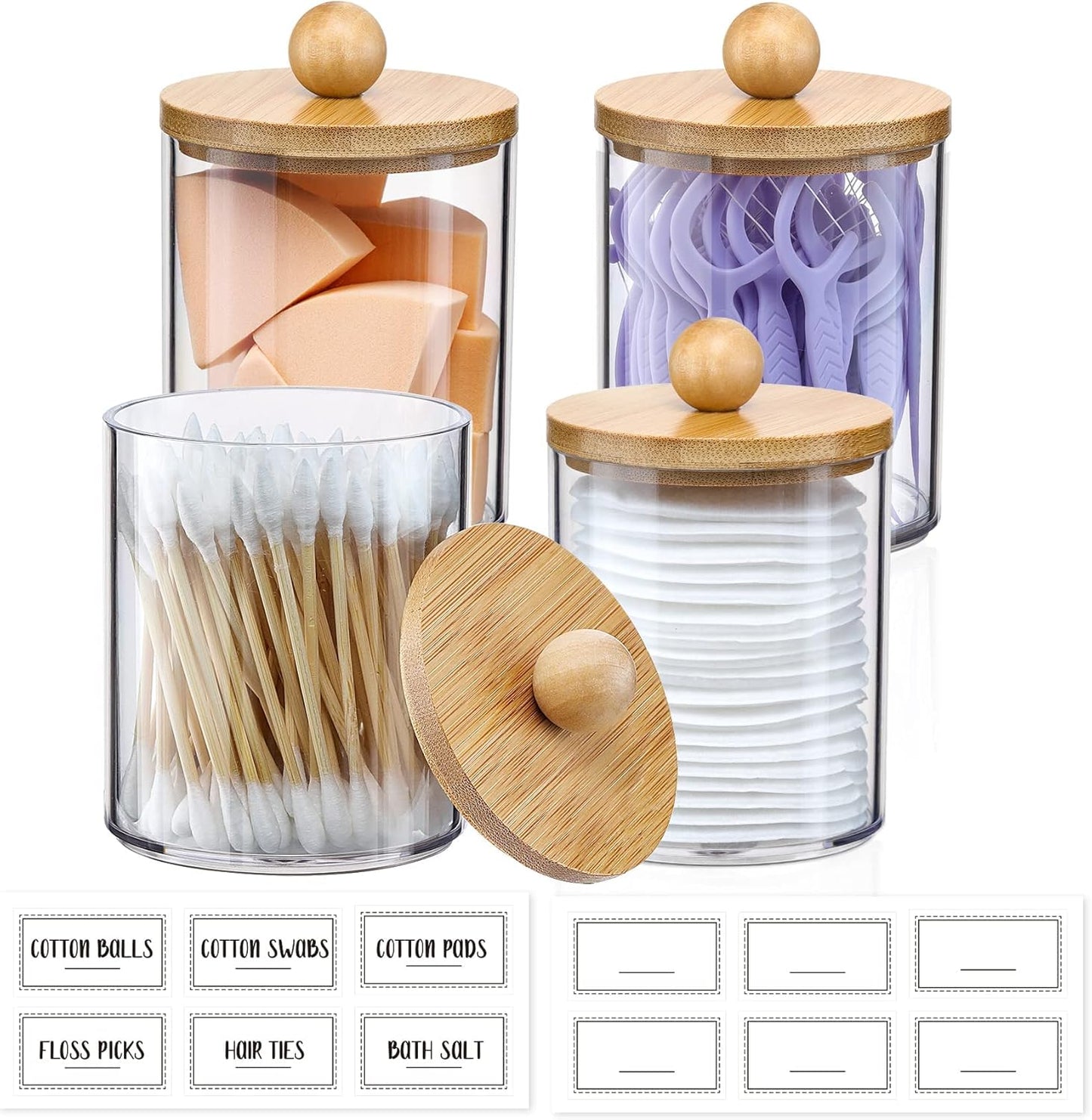 4-Pack Qtip Holder Dispenser with Bamboo Lids
