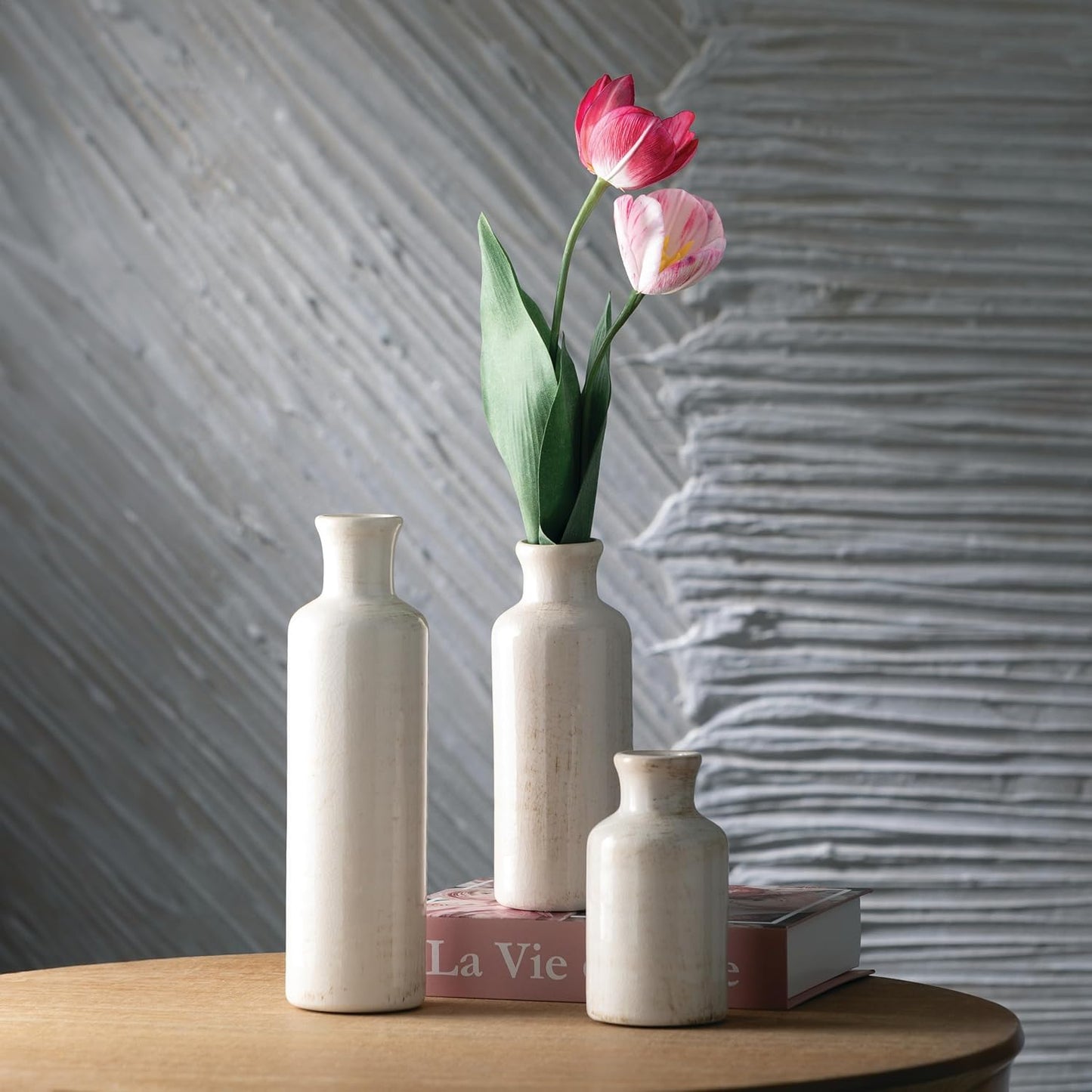 Distressed White Ceramic Vase Set – Set of 3
