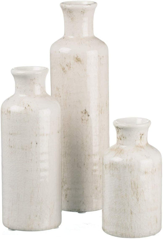 Distressed White Ceramic Vase Set – Set of 3