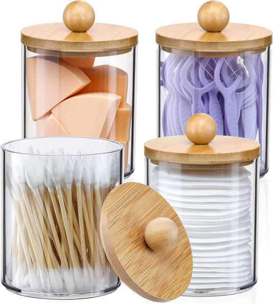 4-Pack Qtip Holder Dispenser with Bamboo Lids